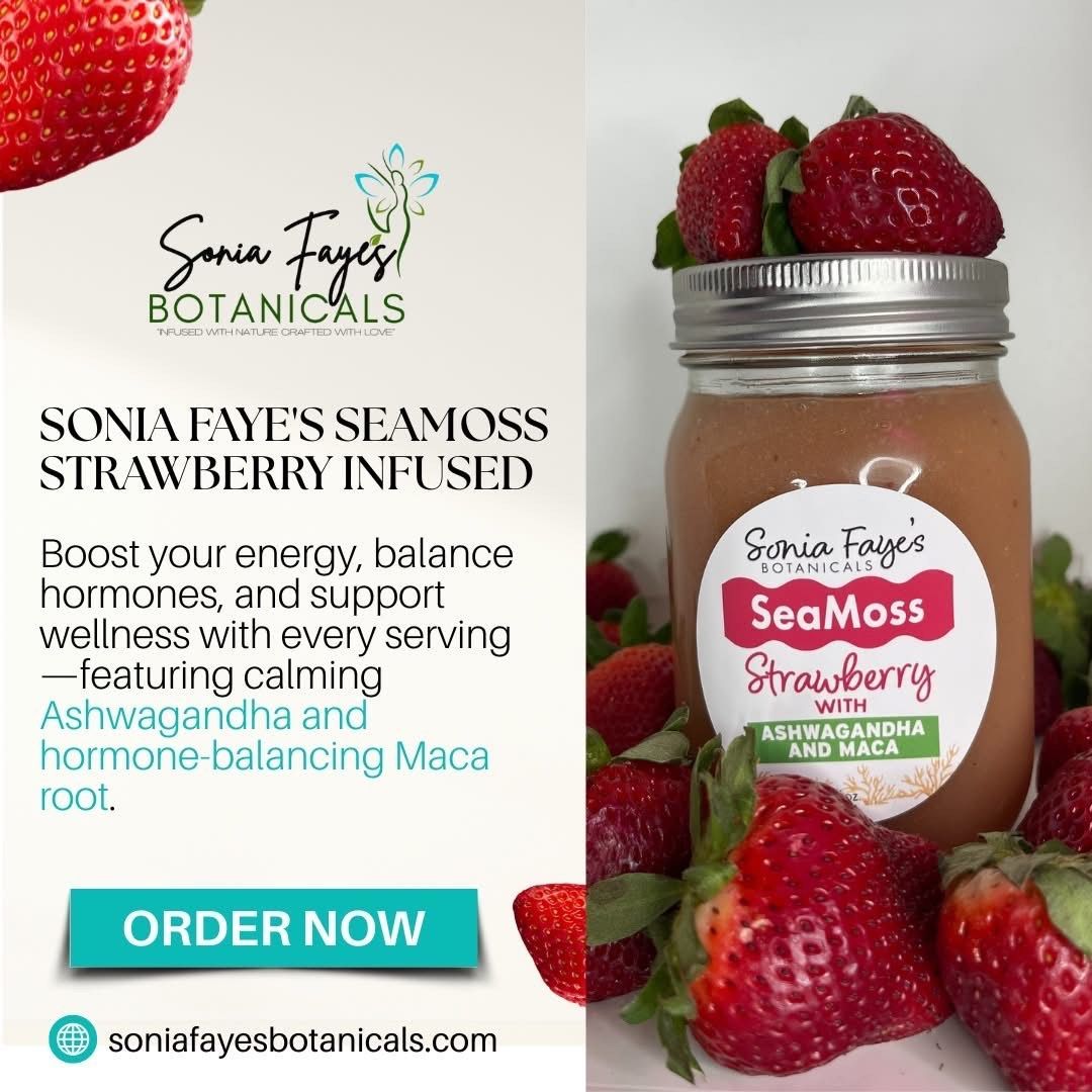 A jar of strawberry infused sea moss is surrounded by strawberries.