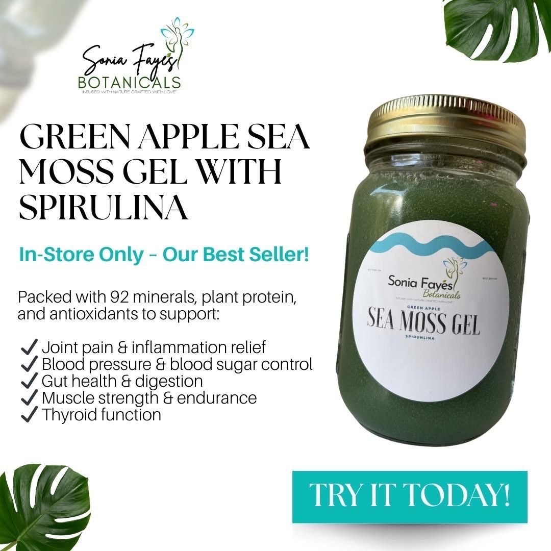 A jar of green apple sea moss gel with spirulina.