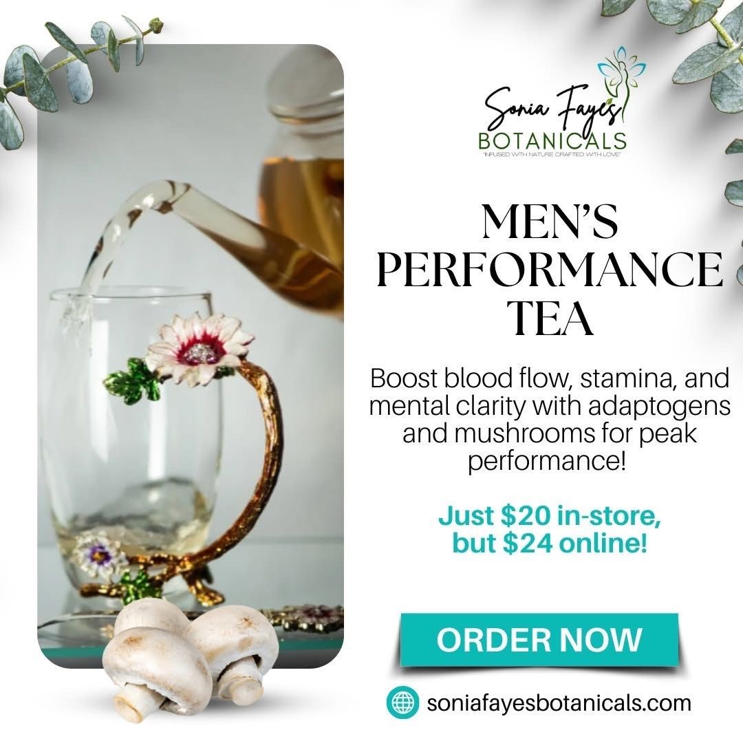 An advertisement for men 's performance tea with a cup and mushrooms