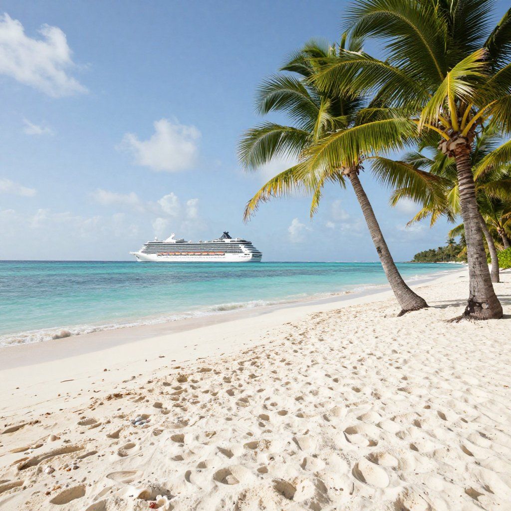 White sand beach with turquoise water, palm trees, and a cruise ship on a sunny day.