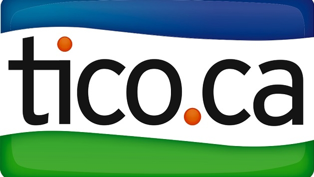 Logo for tico.ca with a blue and green background, black text and orange dots.