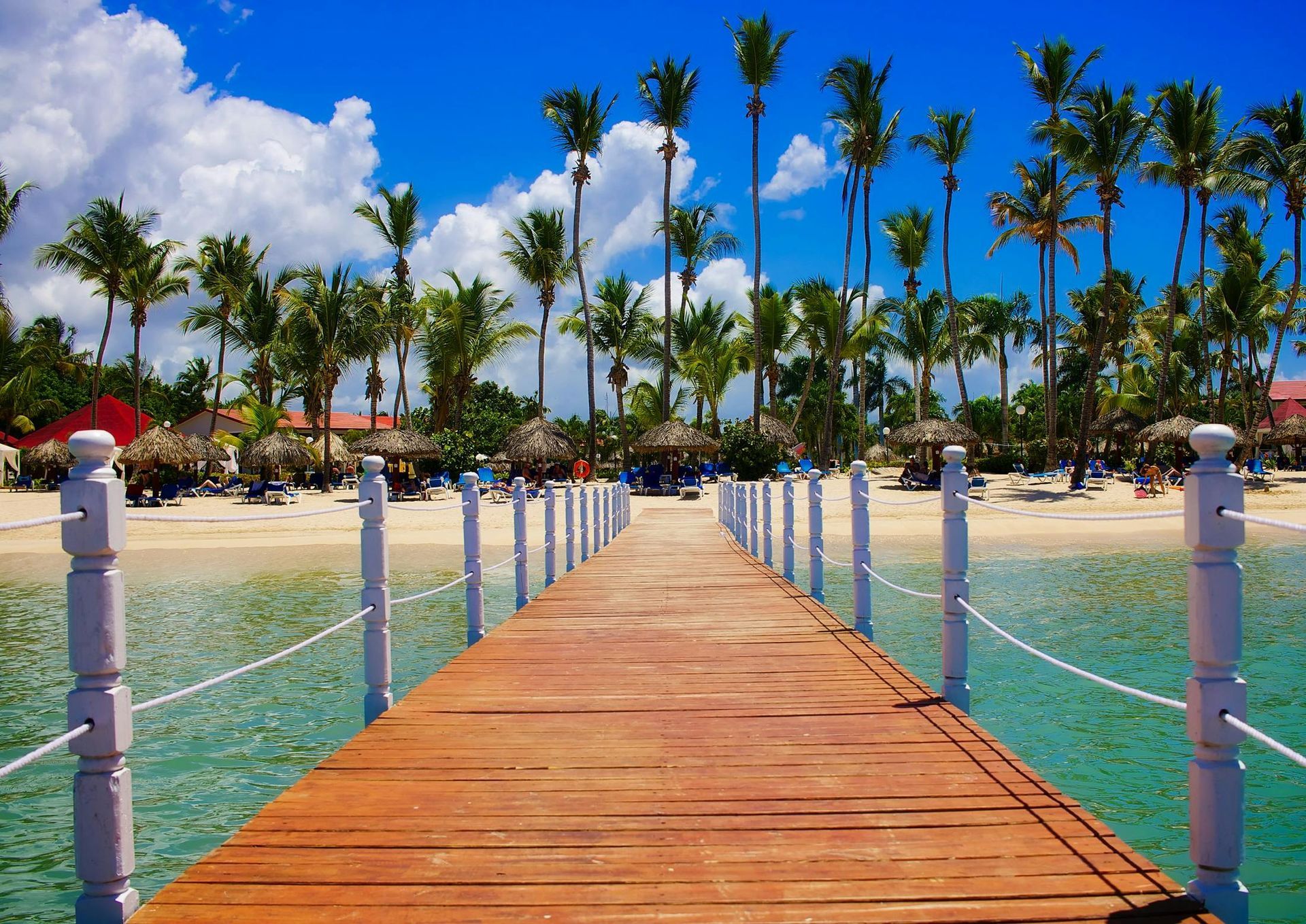 Wooden pier leads to a tropical beach with palm trees, blue sky, and white clouds.
