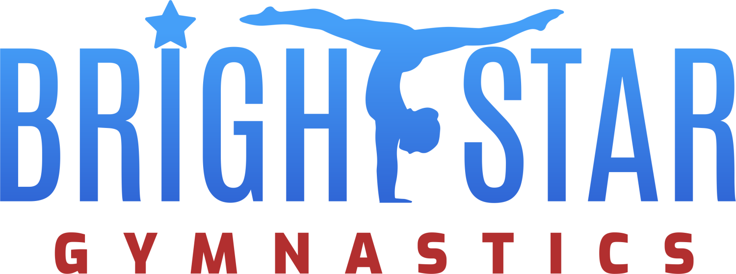 The logo for bright star gymnastics is blue and red