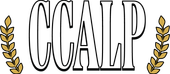 A black and white logo for ccalp with gold laurel wreaths.