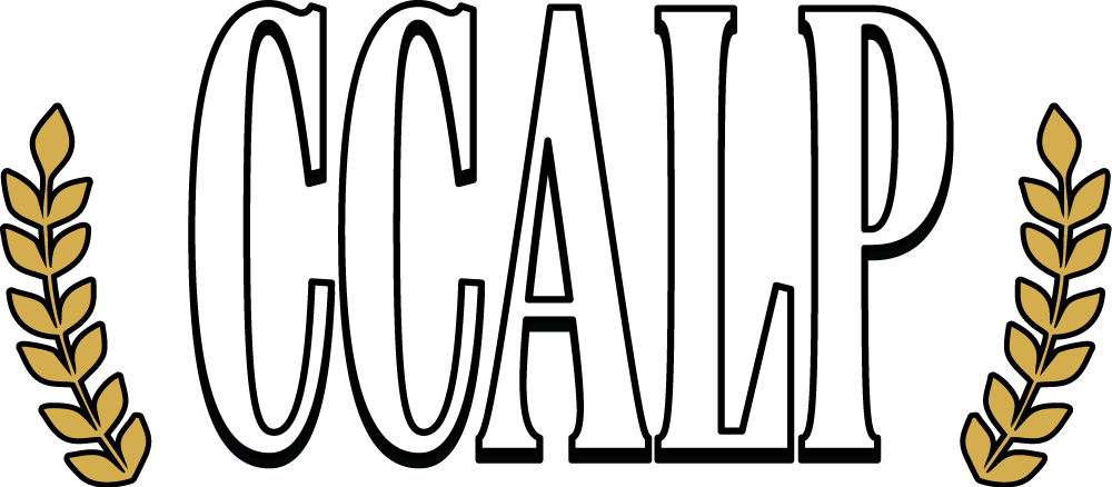 A black and white logo for ccalp with gold laurel wreaths.
