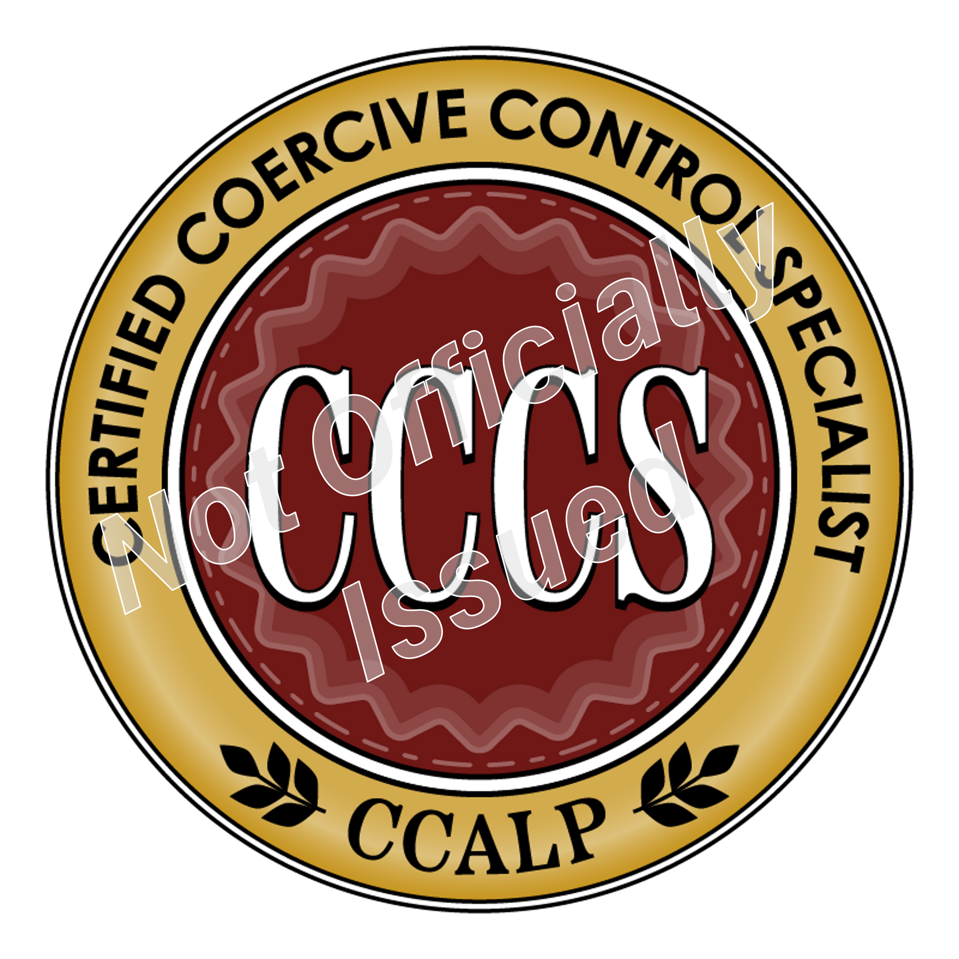 Dark Red and gold badge for Certified 	Coercive Control Specialist