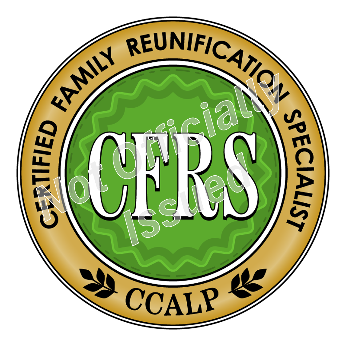 A green and gold badge for certified family reunification specialist