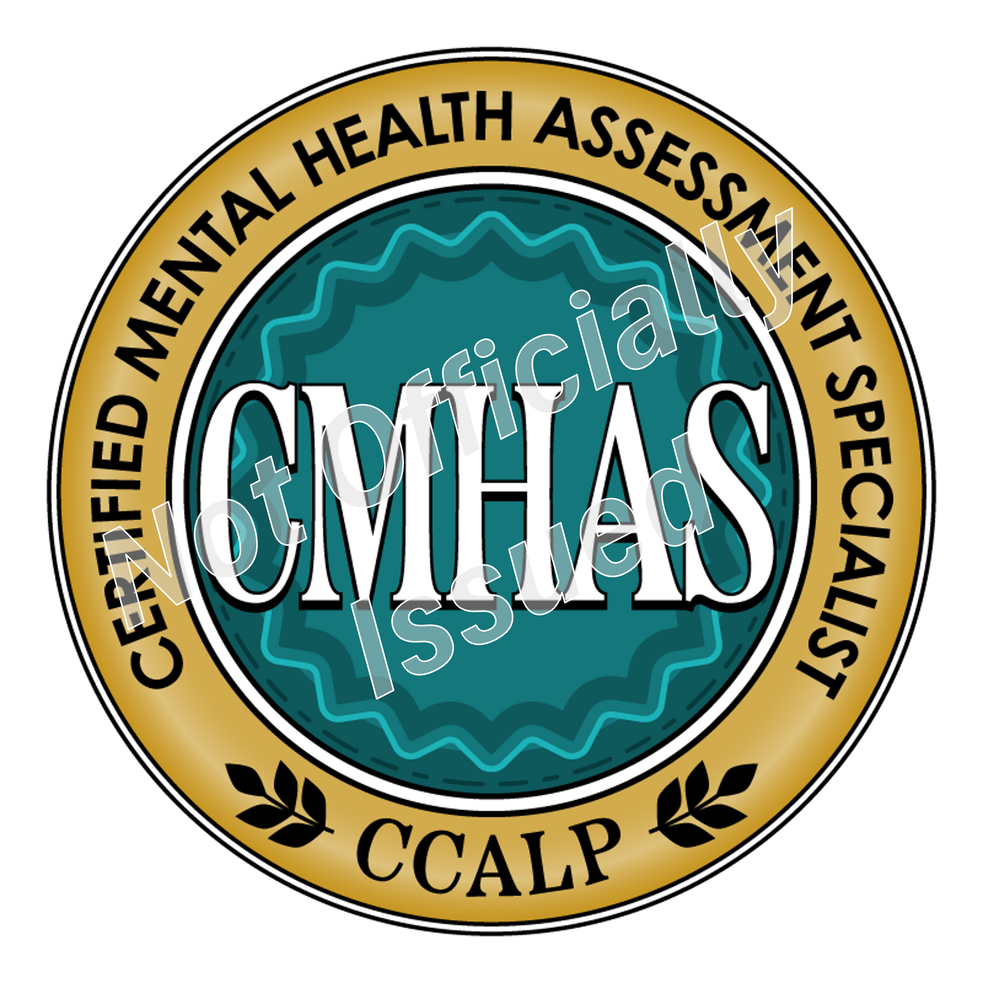 A teal and gold CCALP badge for the Mental Health Assessment Specialist (CMHAS) Certification