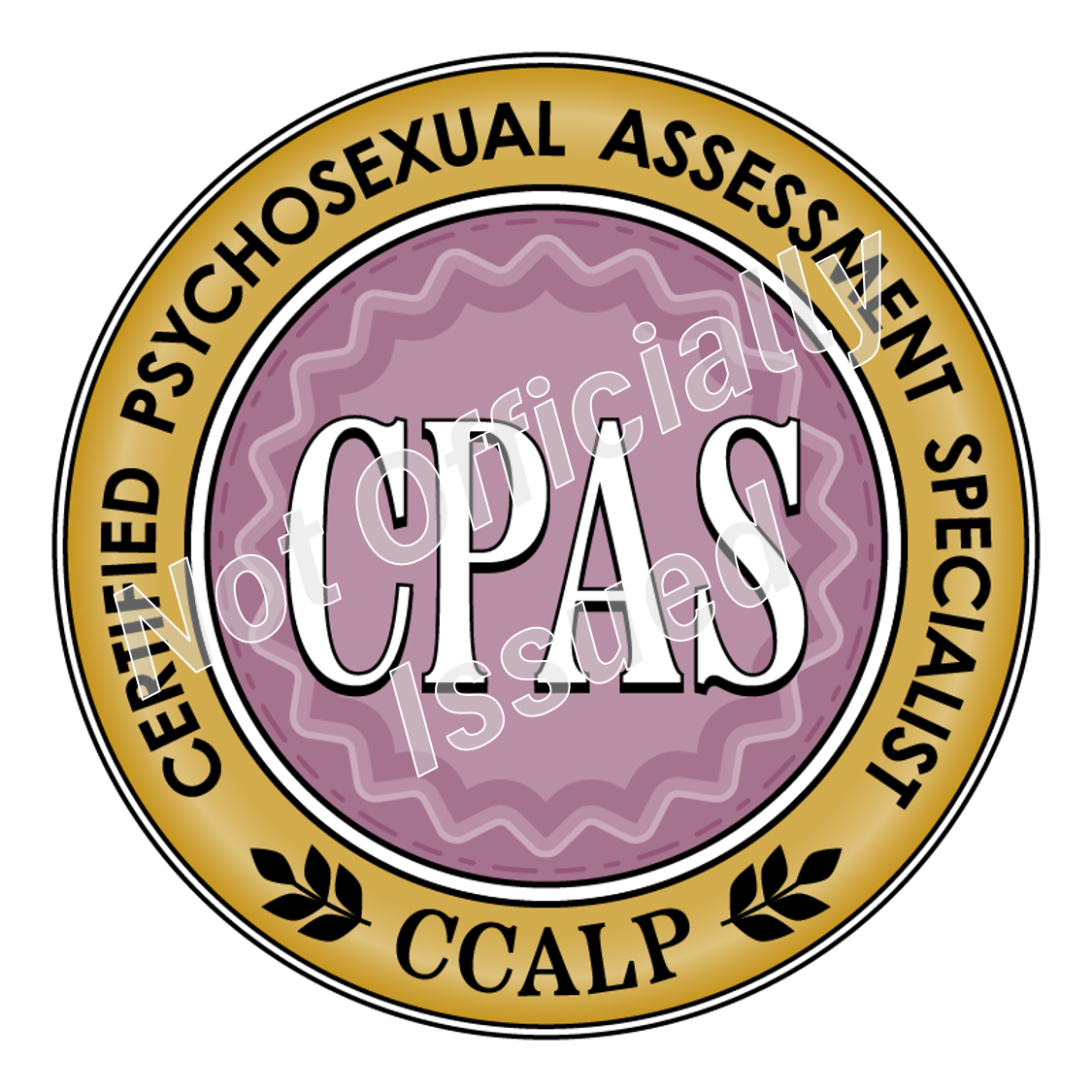 A pink and gold badge for certified psychological assessment specialist