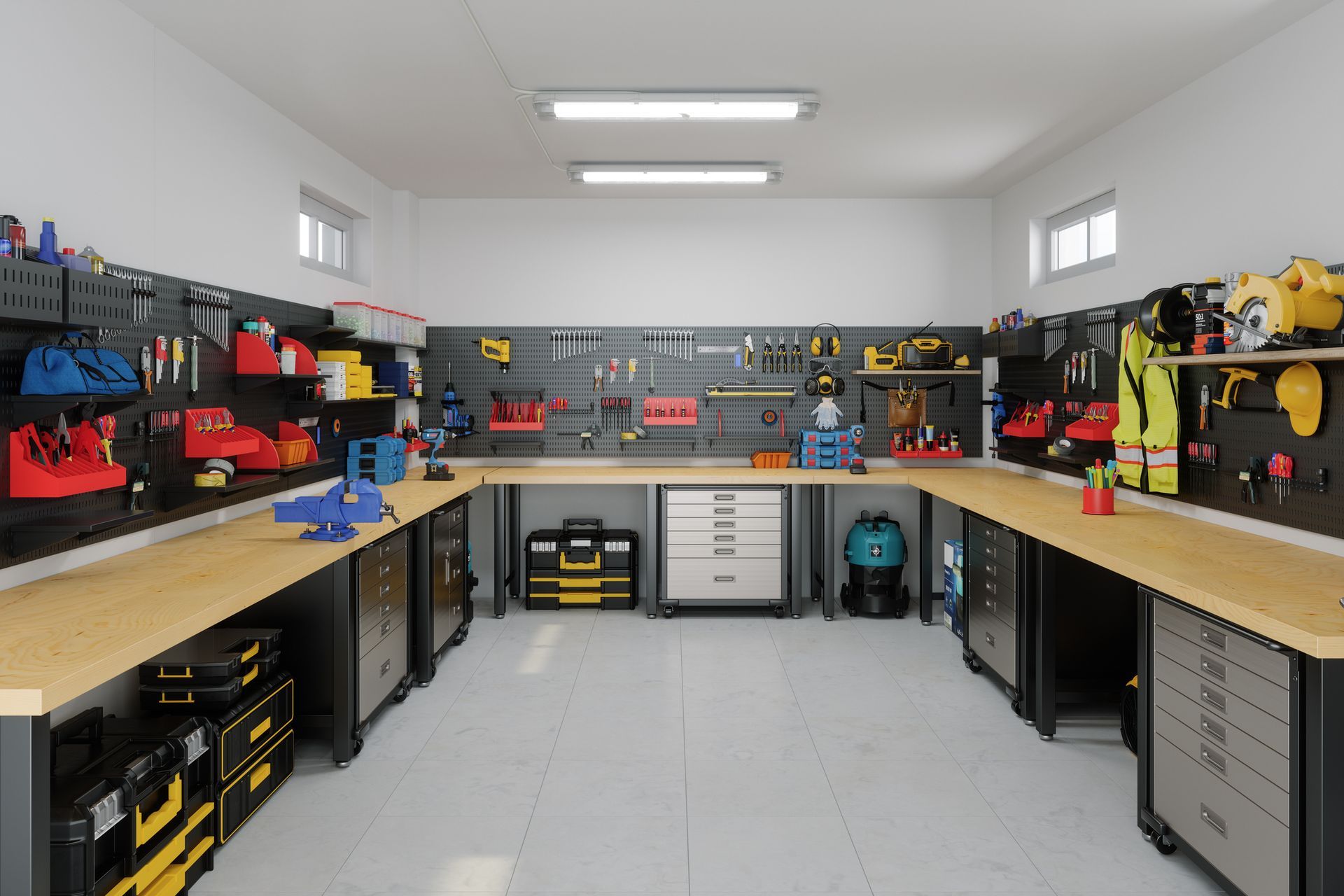 an organized garage shop with tools on pegboards, storage cabinets, and benches under bright light