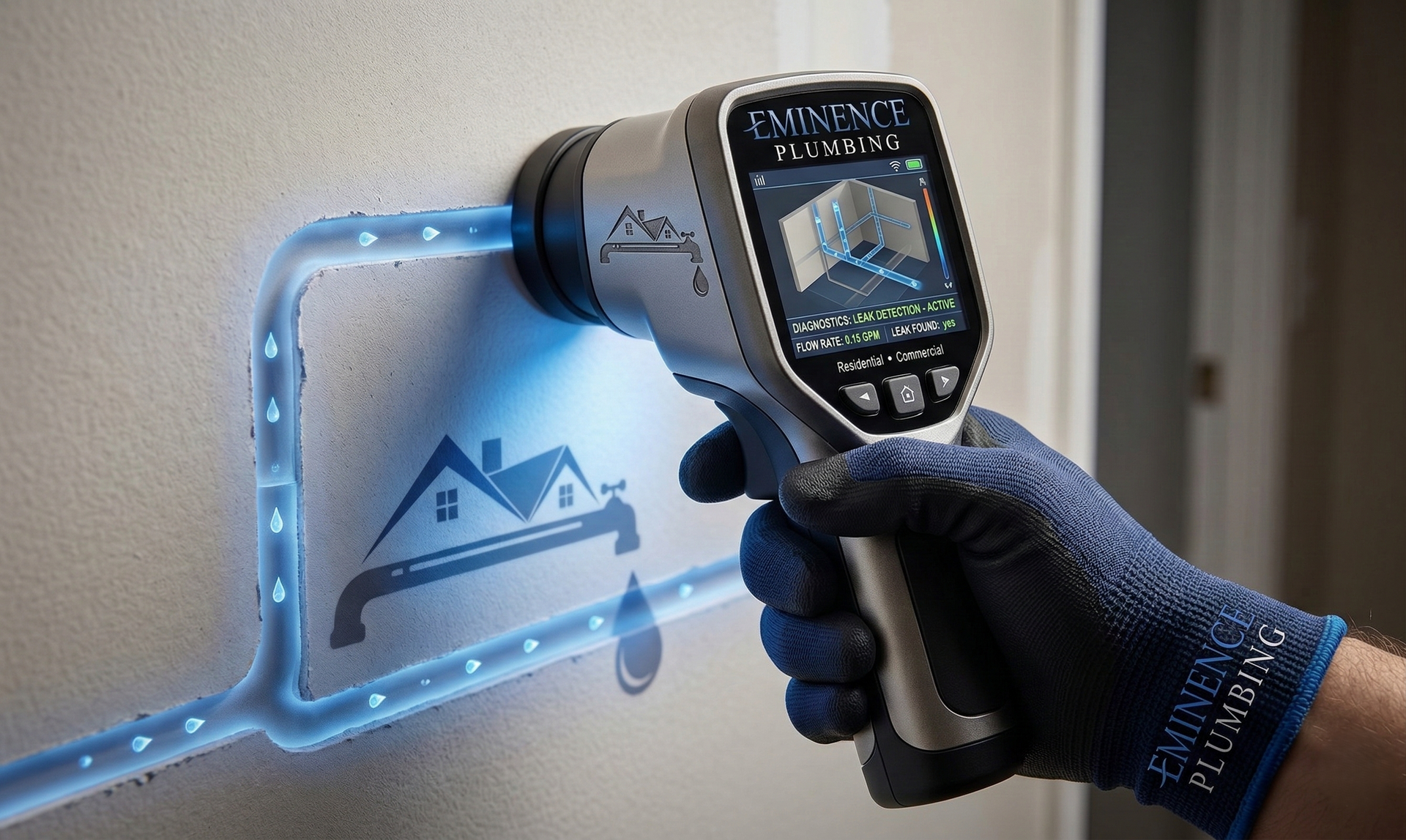 Hand holding a thermal imaging camera against a wall, detecting a water leak. Blue graphic overlay.