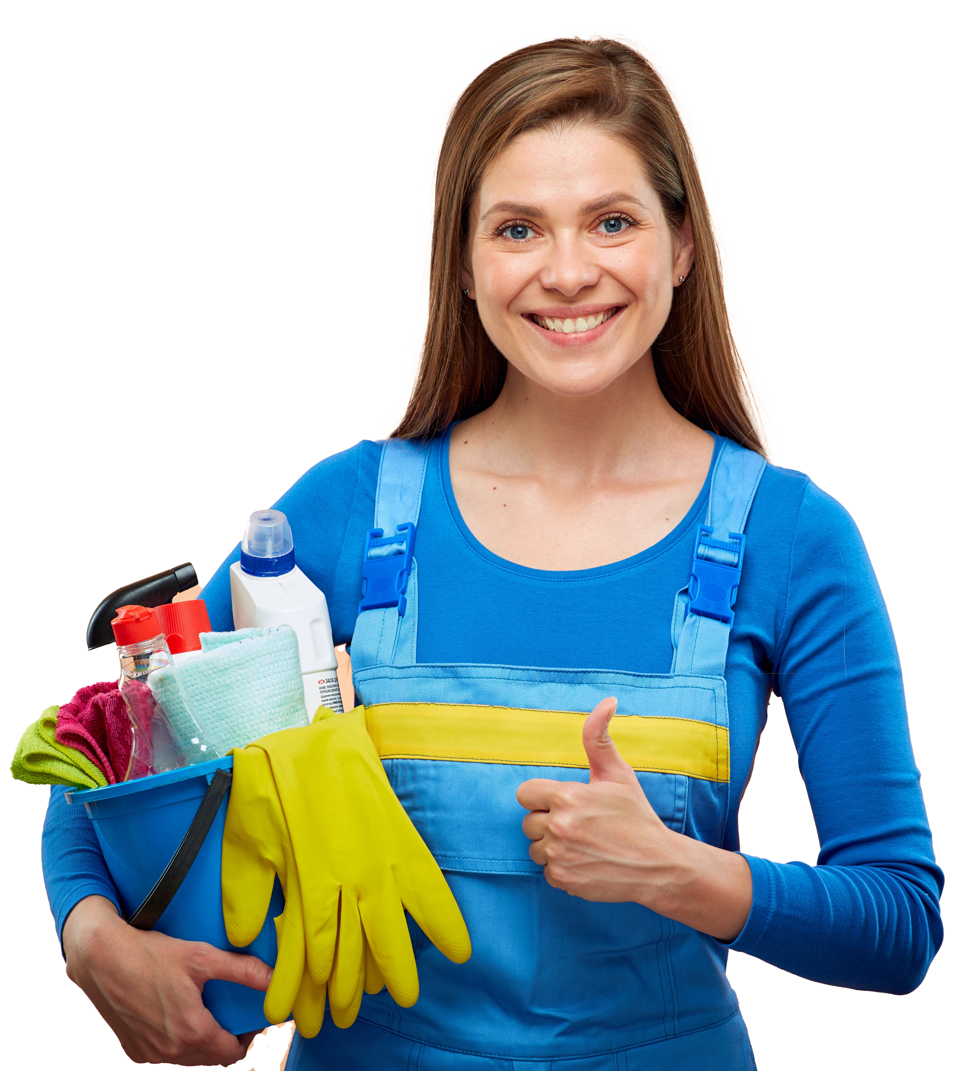 A woman is holding a bucket of cleaning supplies and giving a thumbs up