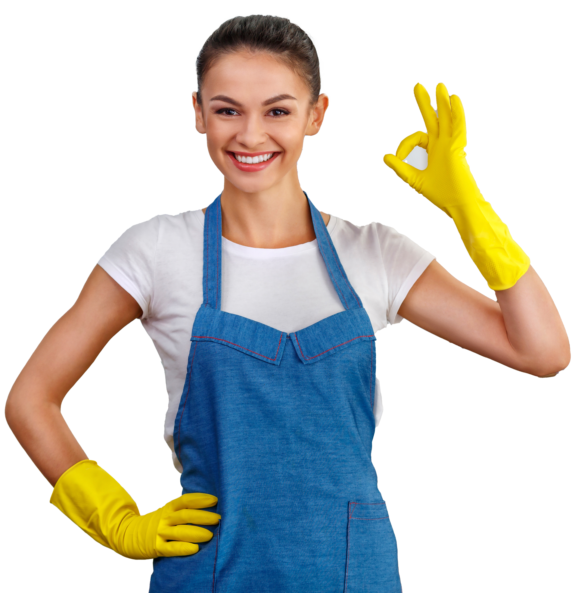 A woman wearing a blue apron and yellow gloves is giving an ok sign