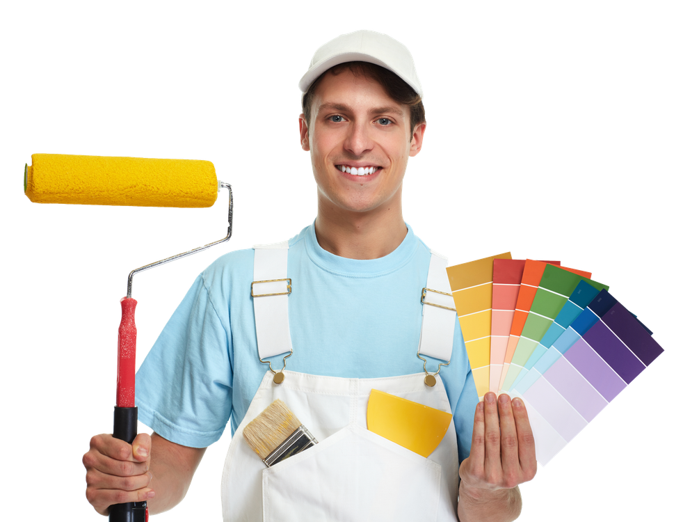 a man is holding a paint roller and a palette of colors