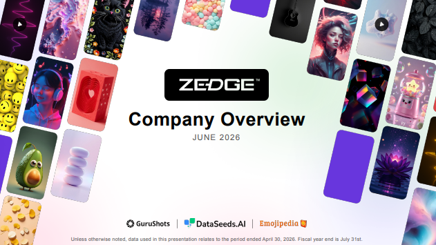 ZEDGE Company Overview slide with colorful app screens framing the title on a white background