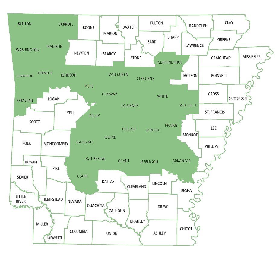LeafGuard service area for installs in Arkansas