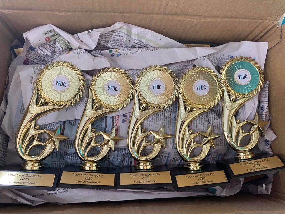 Group Of Gold Trophies In A Cardboard Box — Accolades Awards Hunter Valley In Maitland, NSW