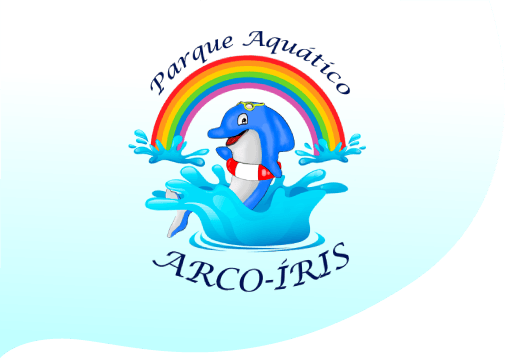 A logo for parque aquático arco iris with a dolphin and a rainbow