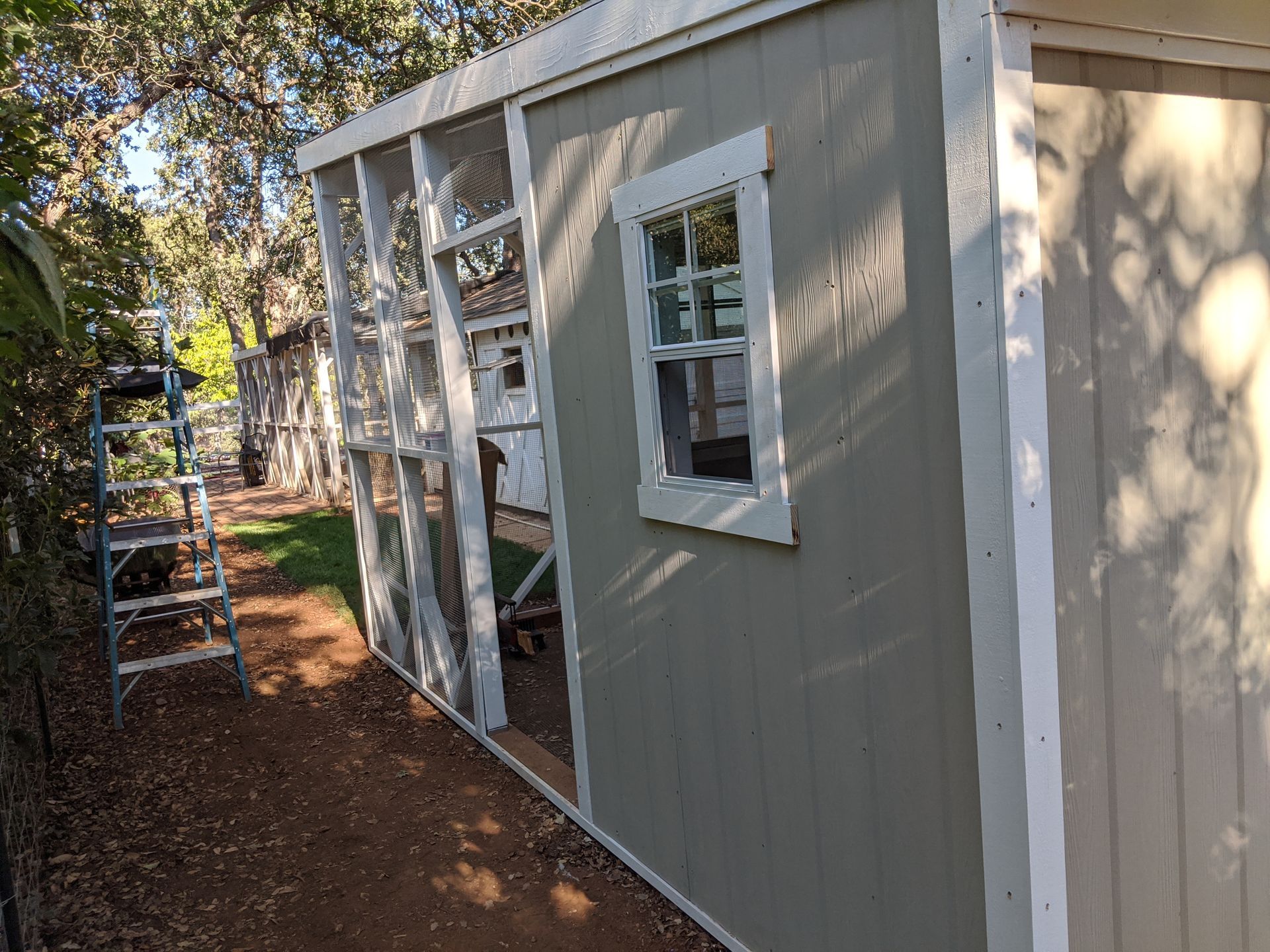 A shed with a window is being built in a backyard.