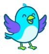 Blue cartoon bird with purple wings, smiling, arms outstretched.