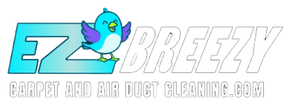 Logo for EZ Breezy carpet and air duct cleaning, features a happy blue bird and light blue text.
