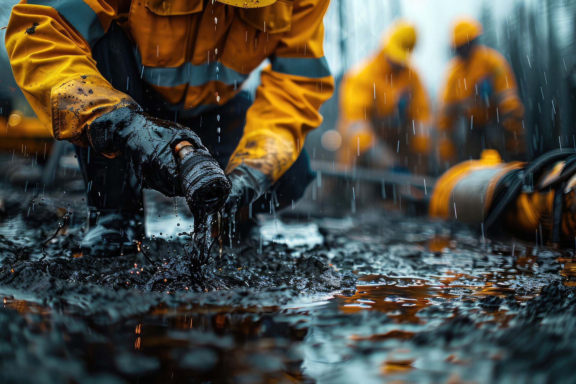 Des ouvriers vêtus de combinaisons de protection jaunes examinent un sol huileux sous la pluie.