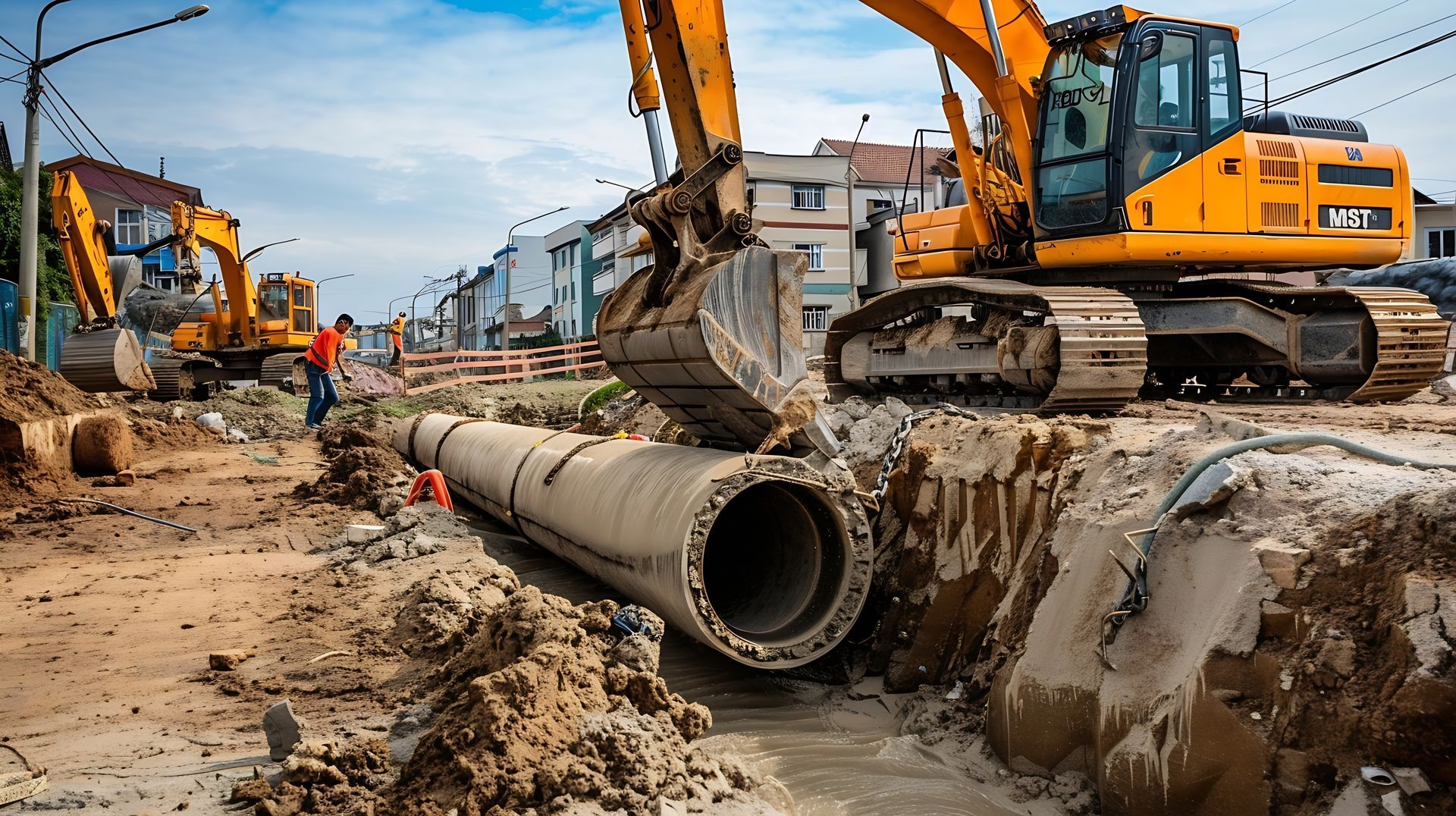 Une excavatrice jaune déplace des tuyaux en béton sur un chantier de construction.