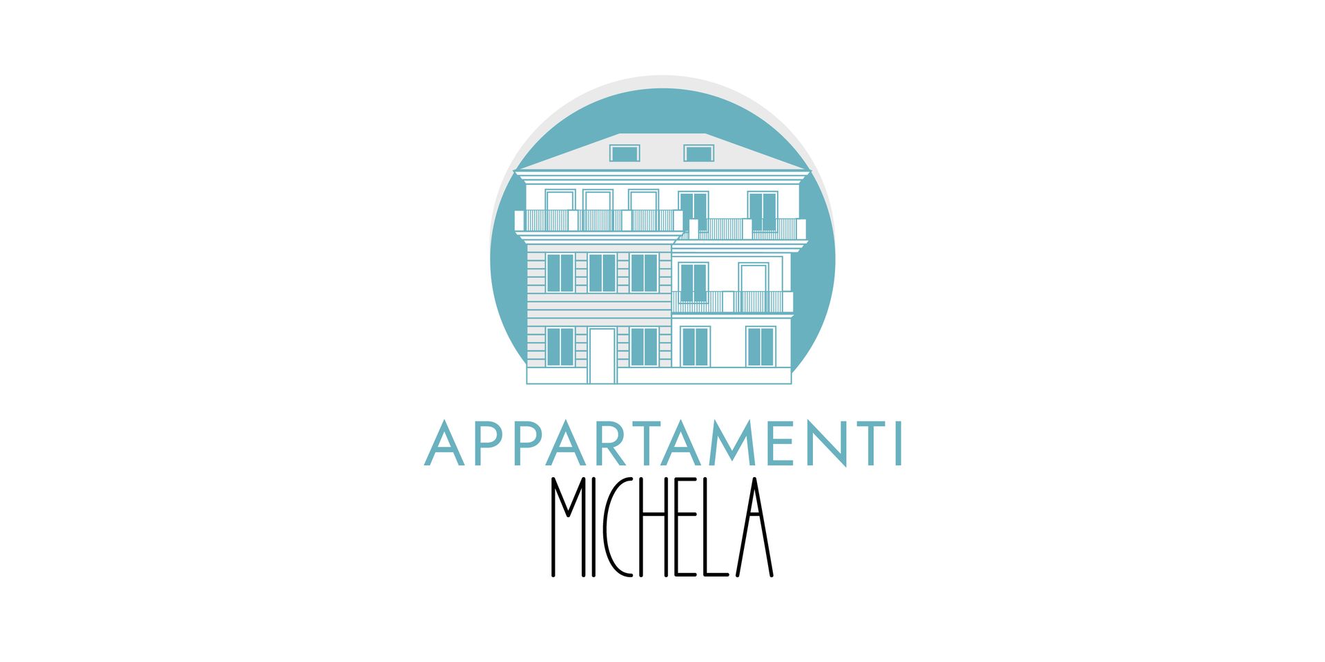 A blue and white logo for apartments michela