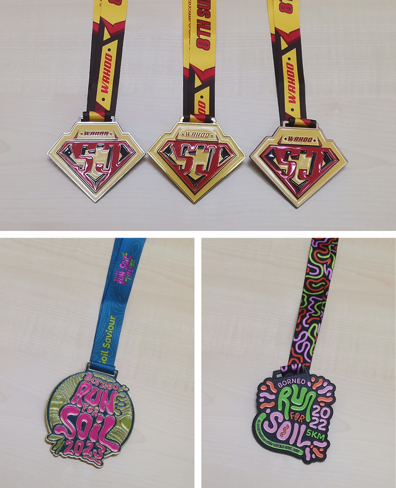Multiple customized medals grouped together. Designed in various shapes and colors for different events and award categories.