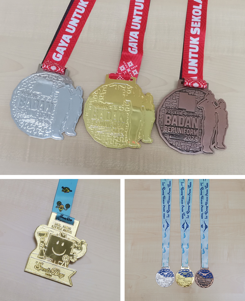 A group of custom medals displayed together. Each features unique colors, finishes, and event-themed designs.