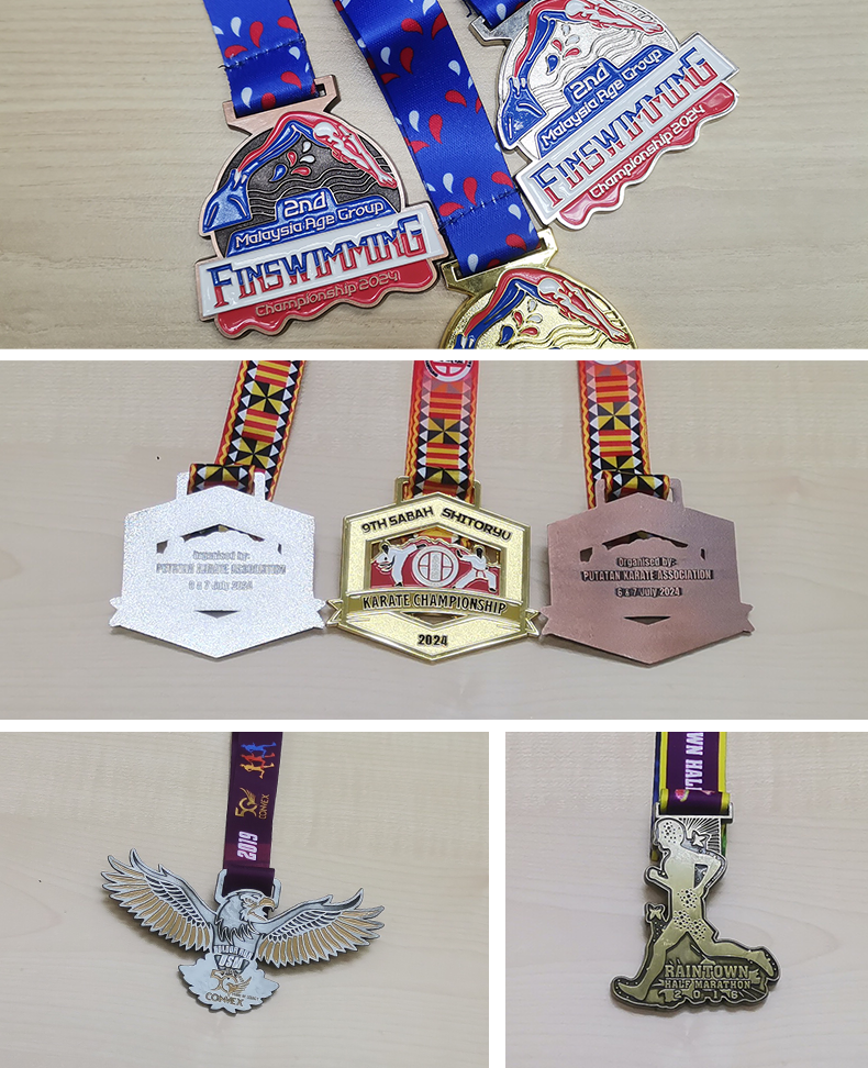 A group of customized medals in various shapes and finishes, designed for events and competitions, showcasing unique themes.