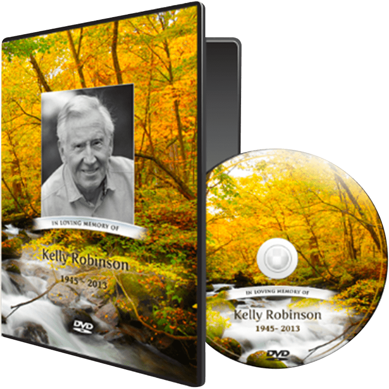 Open dvd box with loved one on the cover with forest photo in background, Middendorf offers families the option to share your loved one with others with personalized dvds