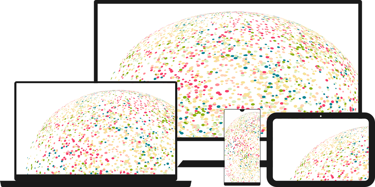 A laptop , tablet , tv , and phone with a colorful background.