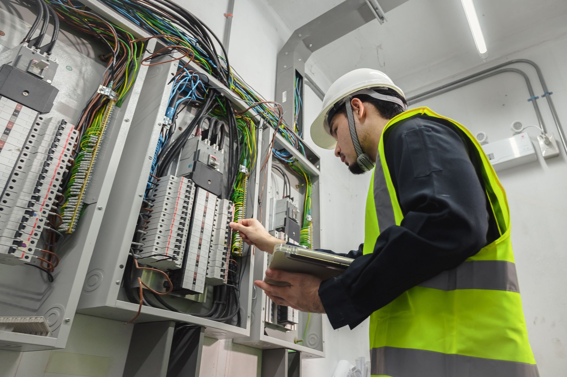 A man in a hard hat and safety vest is working on an electrical box.