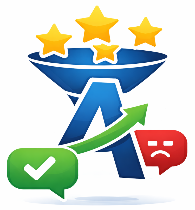 Blue funnel with stars, upward arrow, checkmark, and unhappy face in speech bubbles.
