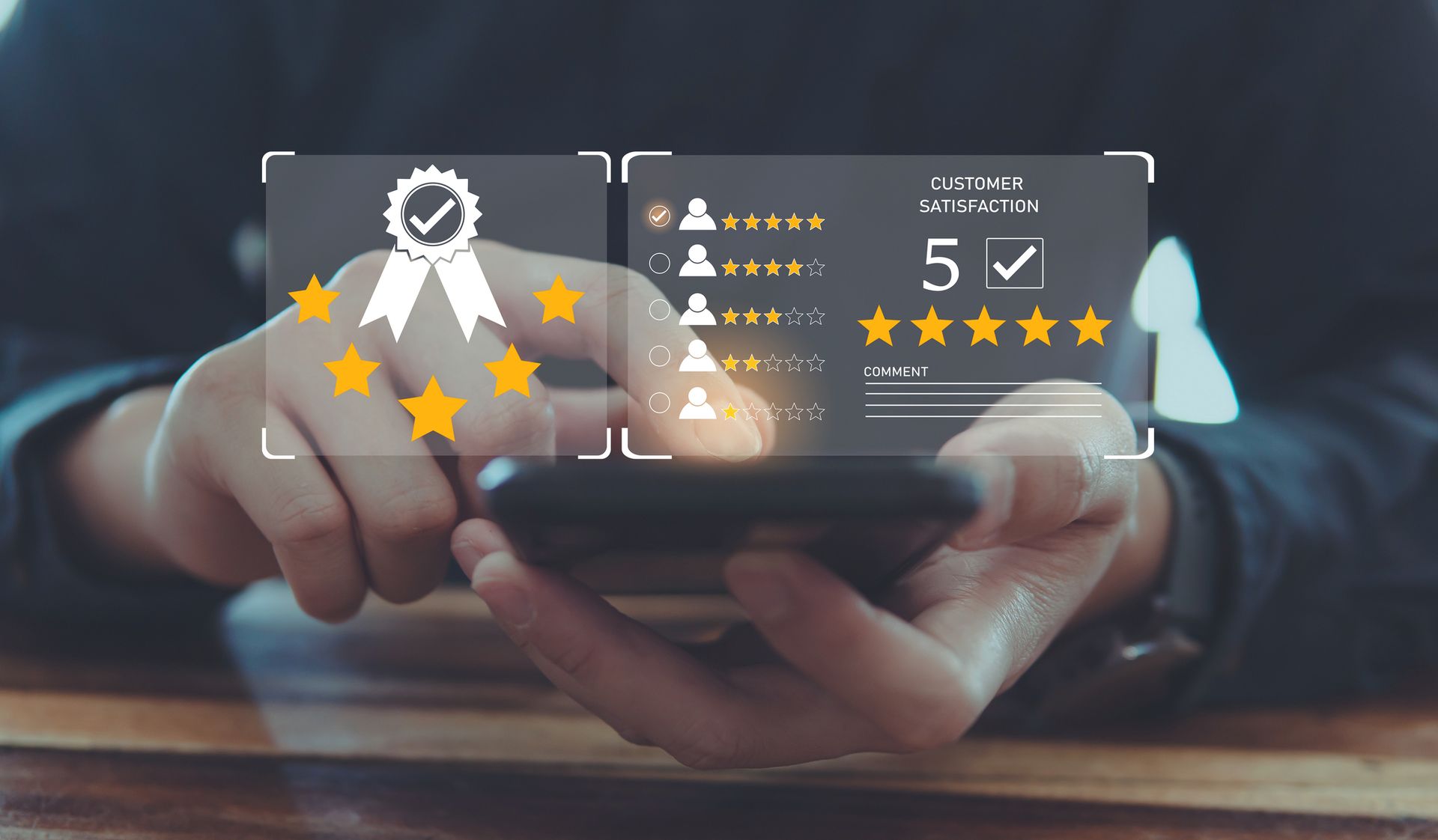 Person holding phone, overlay displays 5-star rating, medal with check mark, and user profiles.