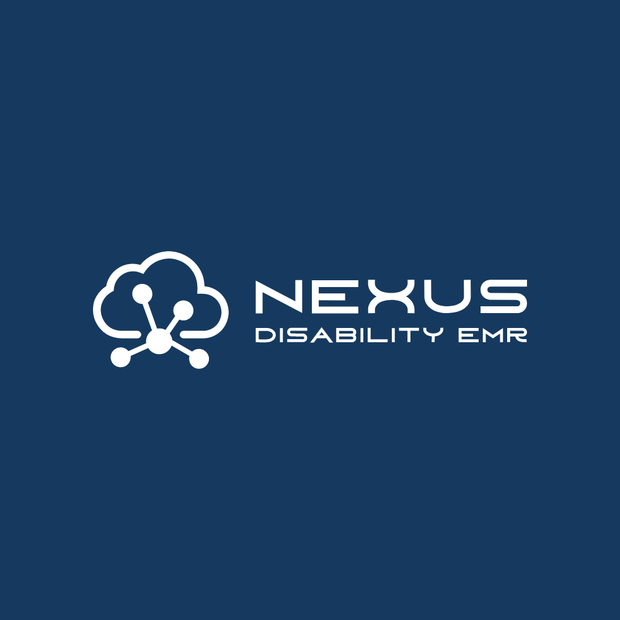 Logo for Nexus Disability EMR, featuring a cloud graphic and text on a dark blue background.