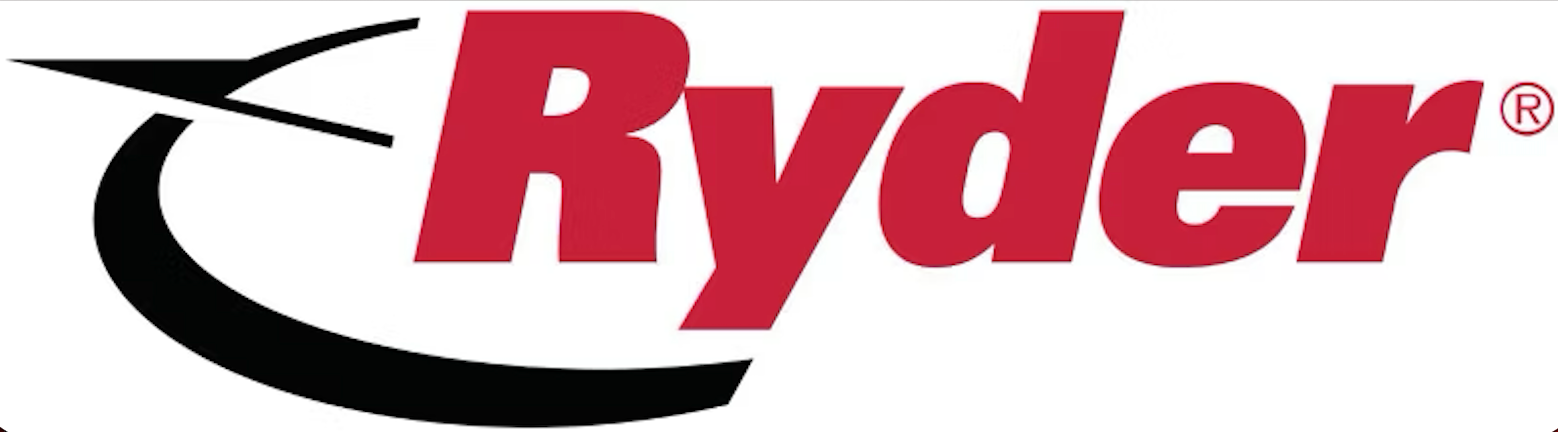 Ryder logo: Red text with a black curved shape and airplane-like design.