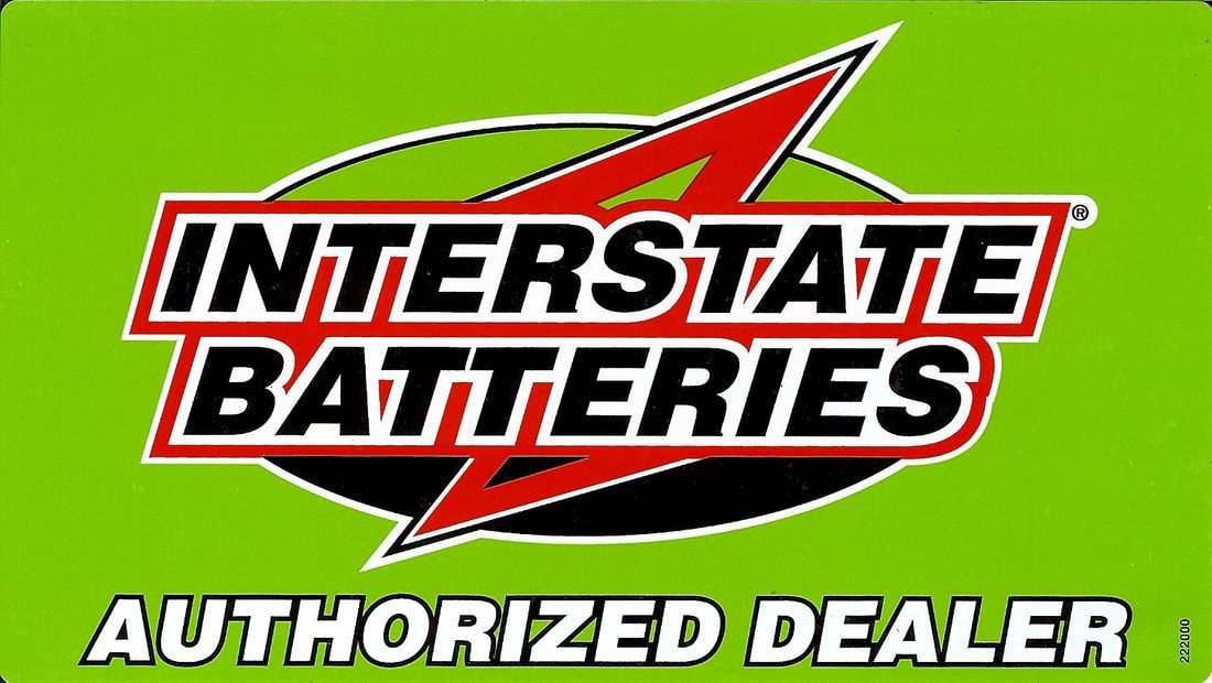 Interstate Batteries Authorized Dealer logo: Black text on red/white logo over a green background.