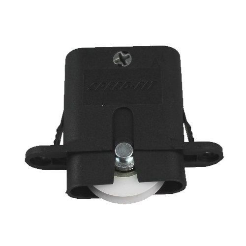 A black sliding glass door roller with a white wheel