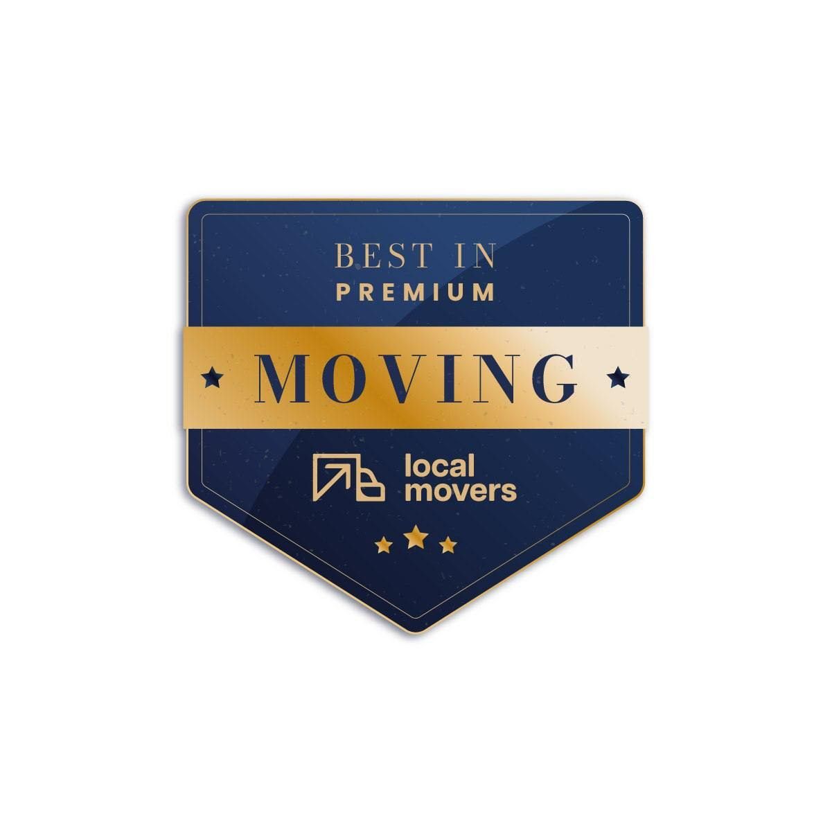 A blue and gold badge that says best in premium moving