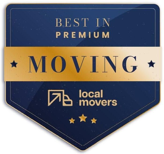 A blue and gold badge that says best in premium moving