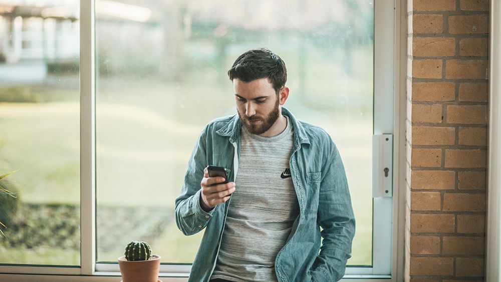 Man with beard looking at phone near a window, brick wall, and small cactus.