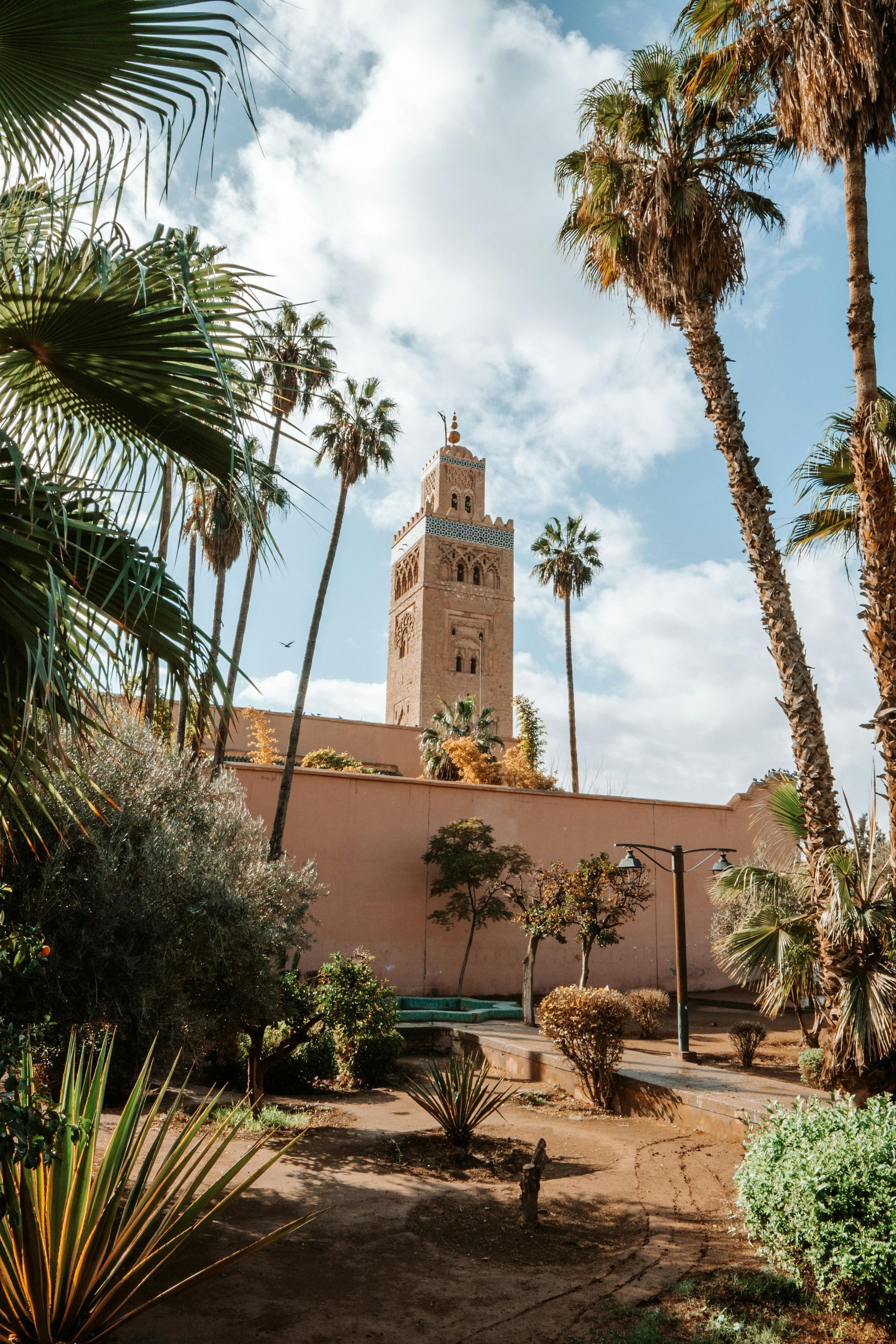A tall minaret rises above a pink wall, surrounded by palm trees in Marrakech, Morocco.