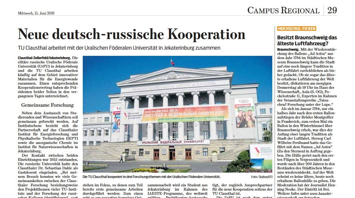 Campus Regional: Zusammenarbeit der TU Clausthal mit der Uralischen Förderalen Universität in Jekaterinburg