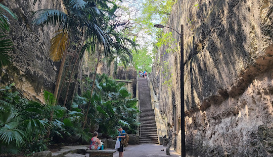 Narrow pathway with stone walls, stairs, and greenery. People walking.
