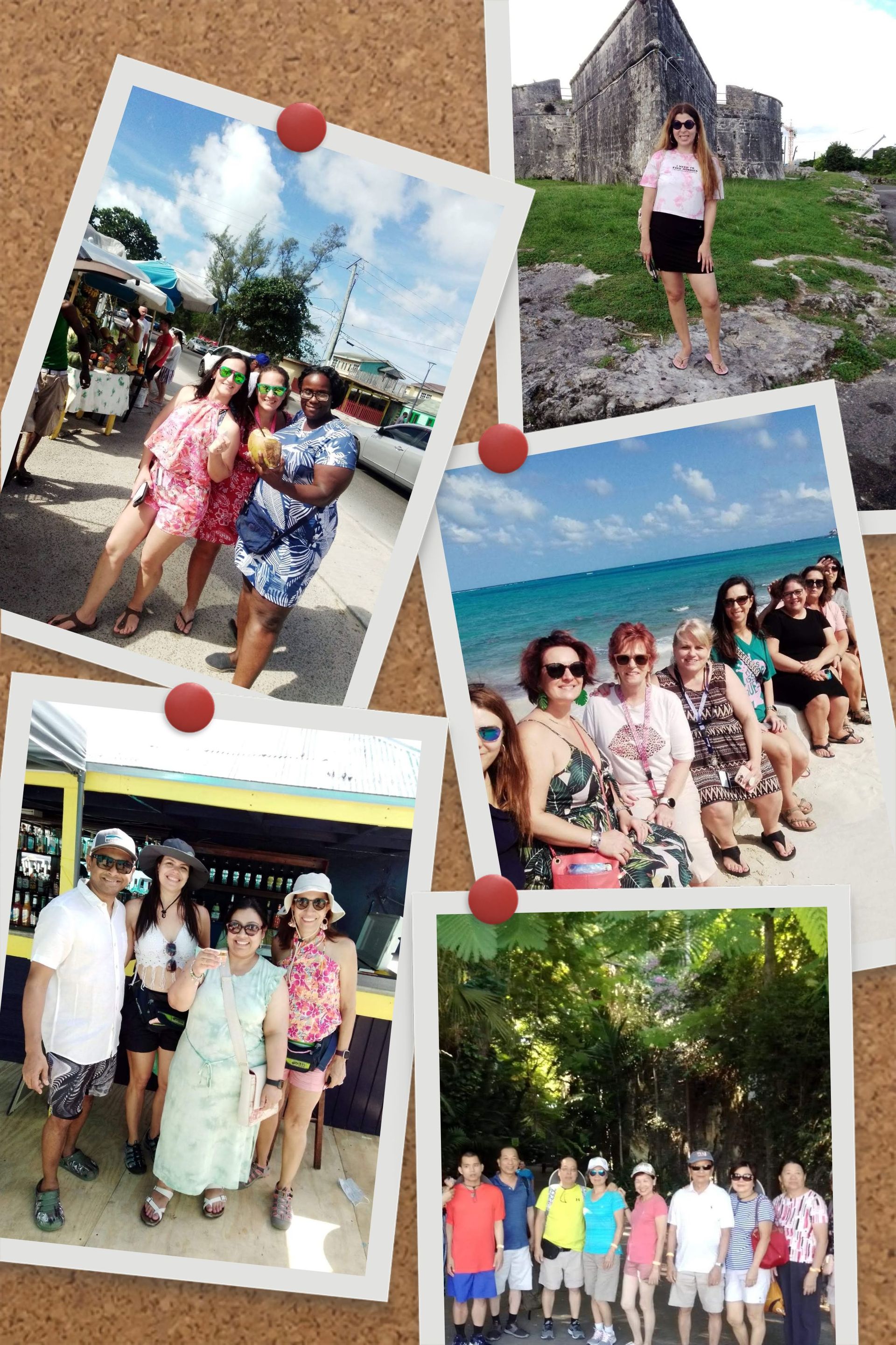 Photos on corkboard: people in colorful clothes pose outdoors in various locations, including a beach and market.