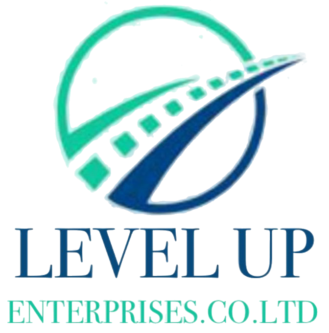 Logo: Green and blue road curving upwards within a circle, 