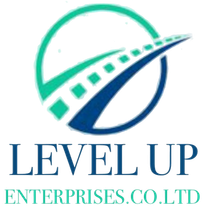 Logo: Green and blue road curving upwards within a circle, 