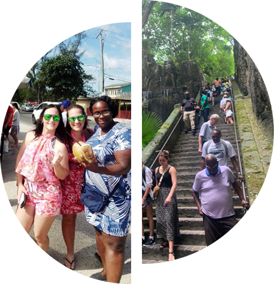 Two oval photos: women with coconuts and a group climbing stairs in a tropical setting.